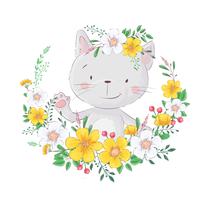 Simpatico gatto dei cartoni animati. Nella cornice dei fiori. Per stampe di design, poster e così via. Vettore