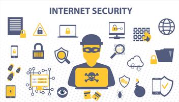 Internet Security Doodle concetto di dati online e soluzioni di protezione della rete informatica cyber. vettore