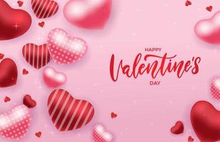 banner di vendita di san valentino o design di biglietto di auguri con palloncini cuore 3d rossi e rosa su sfondo rosa. illustrazione vettoriale