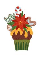 cupcake allegro festivo fatto in casa. muffin natalizio decorato con stella di Natale. lillypop, biscotto di pan di zenzero. illustrazione vettoriale disegnata a mano piatta