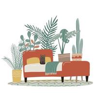 interni scandinavi, accoglienti e dettagliati in stile boho, stile di vita millenario, senza persone, interior design accogliente. un letto circondato da piante d'appartamento in vaso. illustrazione disegnata a mano piatta vettoriale. vettore