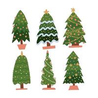 set di alberi di natale dei cartoni animati, pini per biglietto di auguri, invito, banner. Capodanno e Natale tradizionale albero simbolo con ghirlande, lampadina, stella. collezione per le vacanze invernali. immagini vettoriali piatte