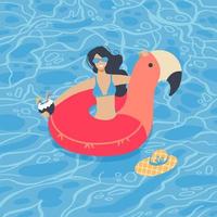 carino estate spiaggia ragazza nuoto sul fenicottero rosa galleggiante cerchio in oceano blu sullo sfondo dell'acqua. illustrazione disegnata a mano piatta vettoriale