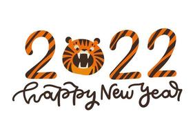 felice anno nuovo cinese concetto. 2022 design festivo con faccia di tigre grafica e cifre dell'anno su sfondo bianco. illustrazione di lettere piatte vettoriali. vettore
