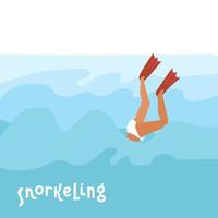 pinne in alto - arte in stile vettoriale piatto cartone animato colorato con una donna subacquea in pinne e citazione scritta snorkeling. boccaglio da mare. illustrazione vettoriale disegnata a mano piatta.