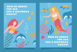 set di design per inviti per feste a tema mare sirena per ragazze e adolescenti. simpatici personaggi femminili con il mondo sottomarino. illustrazione vettoriale piatta isolata disegnata a mano.