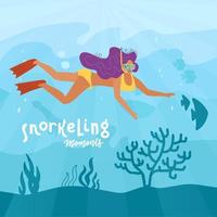 personaggio femminile in apnea o snorkeling sott'acqua sul fondo del mare con coralli e alghe. ragazza nuotatrice. attività ricreative, vacanze e tempo libero attive. illustrazione vettoriale piatta del fumetto.