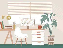 interni moderni in stile scandinavo in colori pastello. Lagom confortevole spazio di lavoro, accogliente home office con tavolo, sedia, schermo e piante d'appartamento di palma. illustrazione disegnata a mano di vettore iflat.