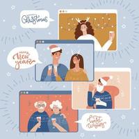 concetto di celebrazione di natale online. schermi di computer o smartphone con giovani e anziani in abiti natalizi. illustrazione vettoriale piatta.