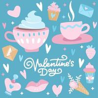 San Valentino con elementi d'amore, cuore, sovrapposizioni, calligrafia di linea, tazze da caffè e così via modello per kit di adesivi, auguri, congratulazioni, inviti, pianificatori. illustrazione vettoriale