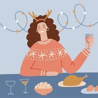 tavola delle vacanze con donna che mangia e beve, ragazza felice in vacanza a casa, festeggia il nuovo anno. illustrazione vettoriale piatta.