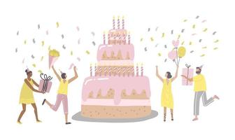 personaggi di persone che ballano vicino alla torta di compleanno e festeggiano. donna e uomo con regali e palloncini. amici che si godono la festa di compleanno. concetto di buon compleanno. illustrazione vettoriale a mano piatta.