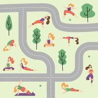 persone nell'illustrazione piana di vettore del parco. le donne camminano nel parco e fanno sport, yoga ed esercizi fisici. sfondo del parco estivo. varie persone al parco che svolgono attività ricreative all'aperto