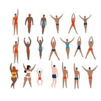 nuotatori impostati. vari personaggi che nuotano persone in pose d'azione, azione di nuoto uomo sportivo. atleti maschili e femminili. illustrazione vettoriale piatta.
