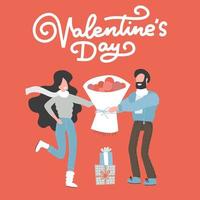 carta di san valentino con coppia felice. uomo che dà alla sua donna un mazzo di fiori. illustrazione vettoriale disegnata a mano piatta.