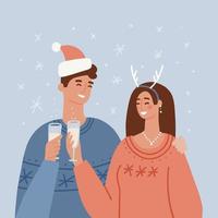 vetro tintinnio di giovane coppia. concetto di brindisi di natale. coppia covely che celebra le vacanze invernali. banner di felice anno nuovo. buon natale concetto. illustrazione vettoriale piatta.