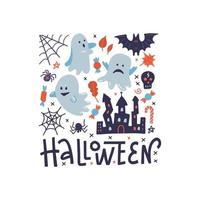 biglietto di auguri di halloween con motivo quadrato felice con fantasmi, ragno nero, castello spaventoso e ragnatela. illustrazione vettoriale piatta con scritte.