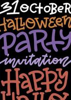 modello di invito poster festa di halloween con scritte e decorazioni scritte a mano. banner verticale a4. elemento per il design delle vacanze tipografia. illustrazione piatta vettoriale. vettore