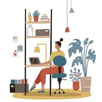 lavoro autonomo a domicilio. concetto con una donna, lavoratrice seduta al computer portatile a casa. accogliente mobili Lagom con piante. illustrazione disegnata a mano di vettore piatto.