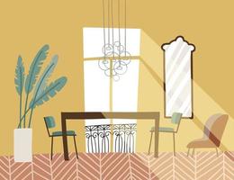interno soggiorno vintage con balcone alla francese. mobili eleganti - tavolo, sedie, piante e specchio. illustrazione disegnata a mano di vettore piatto.