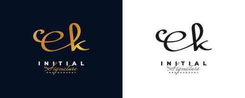 design del logo iniziale e e k con uno stile di scrittura dorato elegante e minimalista. ek logo o simbolo della firma per matrimonio, moda, gioielli, boutique e identità aziendale vettore