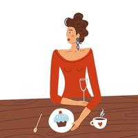 donna elegante in abito rosso seduta a tavola nella caffetteria. concetto di felice giorno di san valentino. data nel concetto di ristorante. bella ragazza che ha una pausa caffè con il vino. illustrazione vettoriale piatta.