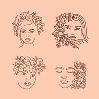 volti di donne eleganti in uno stile artistico con fiori tra i capelli. linea continua in stile minimalista per stampe, poster, cartoline. illustrazione disegnata a mano di vettore del viso di moda femminile bella