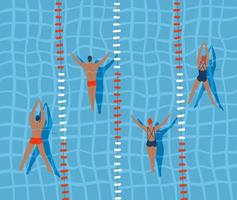 i nuotatori stanno nuotando in piscina, illustrazione vettoriale piatta vista dall'alto.
