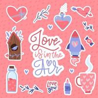 San Valentino set di adesivi con cuori, pozione, birdhouse, tazza, razzo con scritte isolate su sfondo bianco. illustrazione piatta vettoriale. vettore