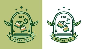 design del logo del tè verde, bustina di tè vintage tradizionale minimalista per loghi di caffè adatti per aziende di alimenti e bevande vettore