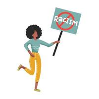 donna afroamericana che non tiene alcun segno di razzismo, cartello. illustrazione vettoriale in stile cartone animato piatto. personaggio femminile a tutto tondo.