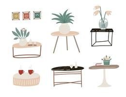 set in stile scandinavo di diversi tipi di tavolini, comodino per il soggiorno in stile moderno. illustrazione disegnata a mano di vettore piatto.