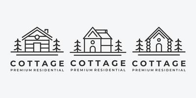 set fascio di cabina cottage linea arte logo vettore illustrazione minimalista design lago fiume oceano onda alba foresta pino