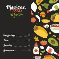 menu di cibo messicano su sfondo nero decorato con set di elementi a mano libera: burrito, taco, limone, cactus, pomodoro, salsa, aglio. cibo disegnato a mano per menu del ristorante, banner, design di stampa. vettore