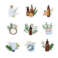 set di composizioni di cosmetici naturali. skincare e sanità, prodotti farmacologici naturali cosmetici biologici, prodotti biofarmacologia, metafore omeopatiche. illustrazioni piatte vettoriali. vettore