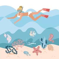 personaggio femminile in apnea o snorkeling sott'acqua sul fondo del mare con coralli e alghe. ragazza nuotatrice. attività ricreative, vacanze e tempo libero attive. illustrazione vettoriale piatta del fumetto.