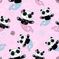 Modello senza soluzione di continuità Sirena di panda carino su sfondo rosa. Vettore