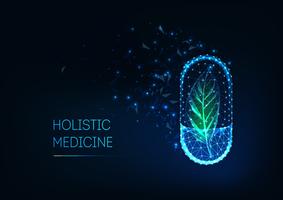 Concetto di medicina olistica con incandescente futuristica pillola capsula poligonale basso e foglia verde. vettore