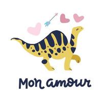 biglietto di auguri di san valentino con bambino dino diplodocus in stile piatto, tipografia disegnata a mano - mon amour - per poster vacanze, badge, stampa celebrativa. 14 febbraio. traduzione dal francese - amore mio vettore