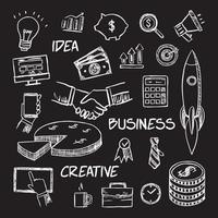 set di icone di affari scarabocchi disegnati a mano illustrazione vettoriale su sfondo nero