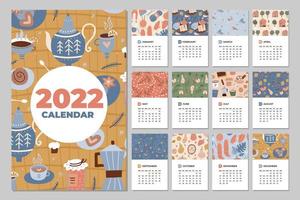 calendario 2022. modello vettoriale di calendario mensile divertente, accogliente e carino con tazze hygge disegnate a mano, dessert ed elementi stagionali. illustrazione vettoriale piatta.