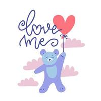 simpatico orsacchiotto di San Valentino con palloncino a cuore rosso che vola nel cielo nuvoloso. illustrazione disegnata a mano piatta vettoriale con testo lettering - amami.