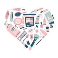 set di cosmetici disegnati a mano. articoli per il trucco professionale a forma di cuore. illustrazione decorativa vettoriale in stile piatto alla moda per il web design o la stampa.