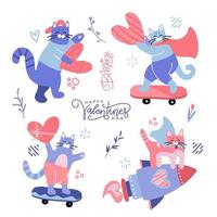 illustrazioni di cartoni animati di umorismo carino con gatti e cuori adolescenti. san valentino, amore, rubacuori. perfetto per adesivi e toppe. raccolta di vettore piatto di doodle. personaggi disegnati a mano.