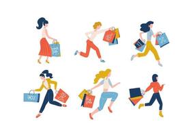 collezione di donne che trasportano borse della spesa che partecipano a saldi stagionali. set di ragazze shopper dipendenti dall'acquisto in negozio, negozio, centro commerciale o showroom. illustrazione vettoriale piatta colorata.