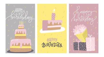 set di biglietti di auguri di compleanno con torta disegnata a mano e scatole regalo. illustrazione vettoriale piatta.