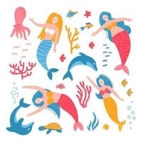 set di sirene adulte carine, stelle marine, delfini, polpi, pesci, conchiglie. illustrazioni isolate del fumetto di vettore di colore