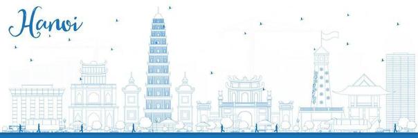 delineare lo skyline di hanoi con punti di riferimento blu. vettore