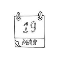 calendario disegnato a mano in stile doodle. 19 marzo. giorno, data. icona, adesivo, elemento vettore