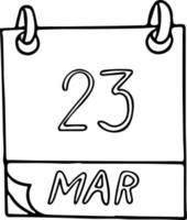 calendario disegnato a mano in stile doodle. 23 marzo. Giornata mondiale della meteorologia, data. icona, elemento adesivo per il design vettore